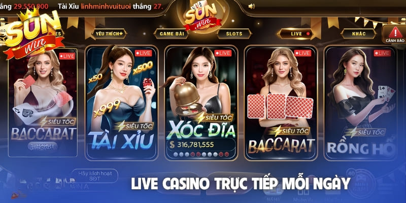 Các game Live Casino Sunwin nổi bật gồm Baccarat, Roulette, Sicbo và Rồng Hổ 