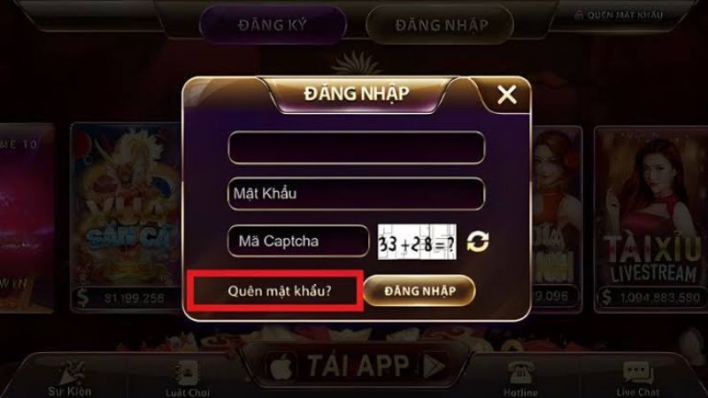 Để lấy lại mật khẩu Sunwin nhấn Quên mật khẩu nhập tên và SĐT lấy OTP thiết lập.