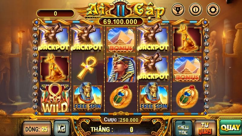 Nổ Hũ Ai Cập Sunwin gồm 5 cột và 3 hàng, tạo thành nhiều đường thanh toán (paylines)